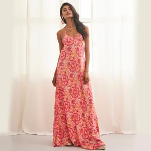 Bright Orange & Hot Pink Full Length Halterneck Sun Dress 'Chiyo' by NKN