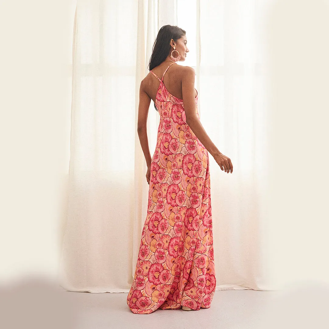 Bright Orange & Hot Pink Full Length Halterneck Sun Dress 'Chiyo' by NKN
