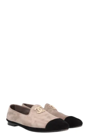 CHANEL CC Flats Suede Greige Black