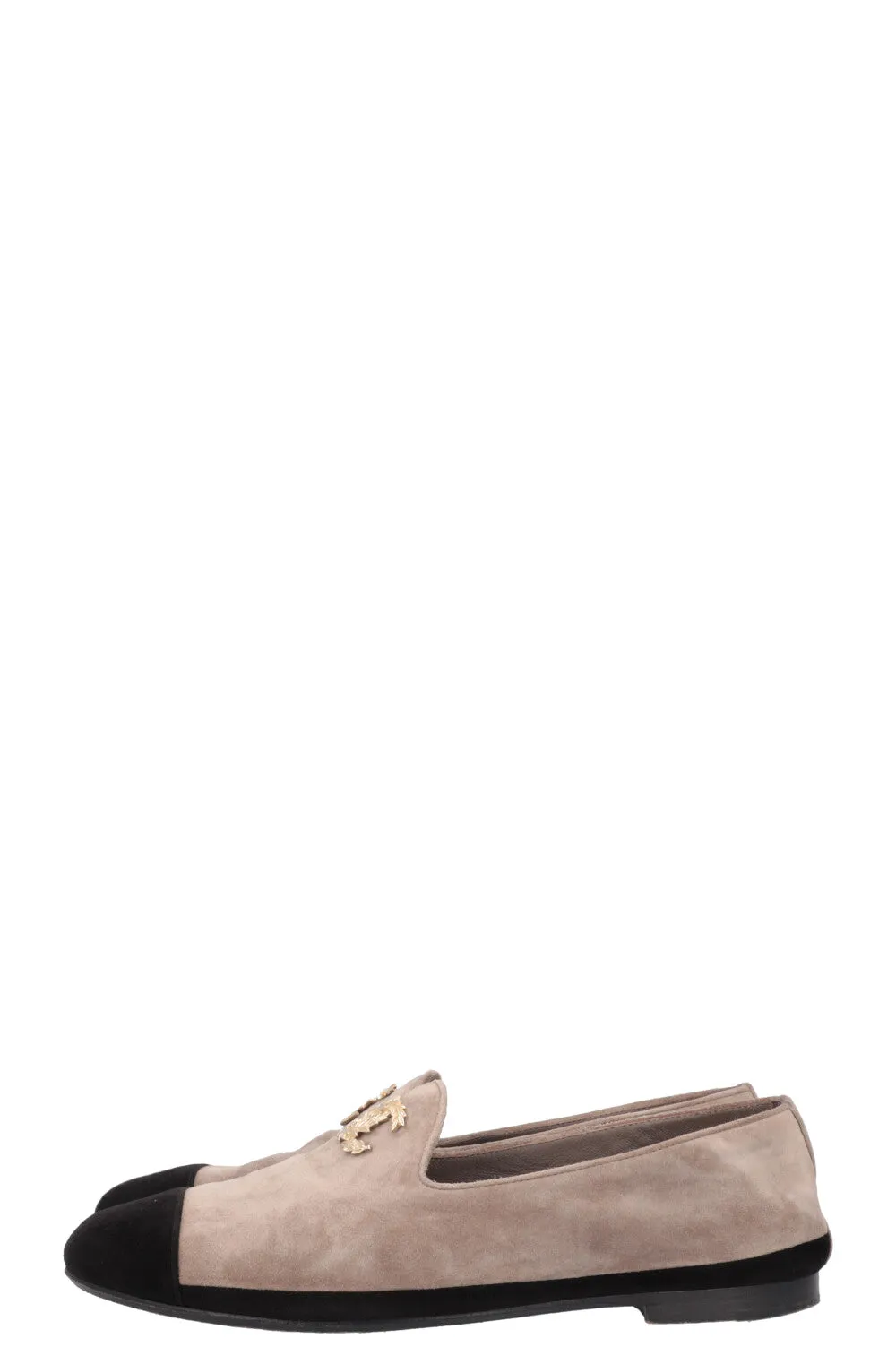 CHANEL CC Flats Suede Greige Black