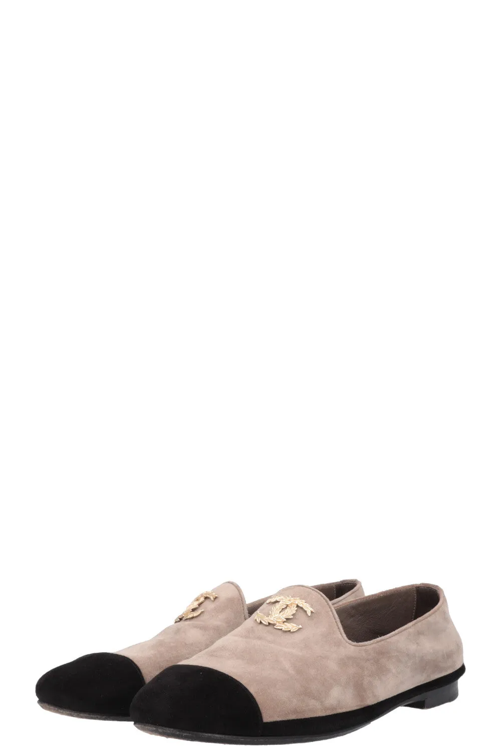 CHANEL CC Flats Suede Greige Black