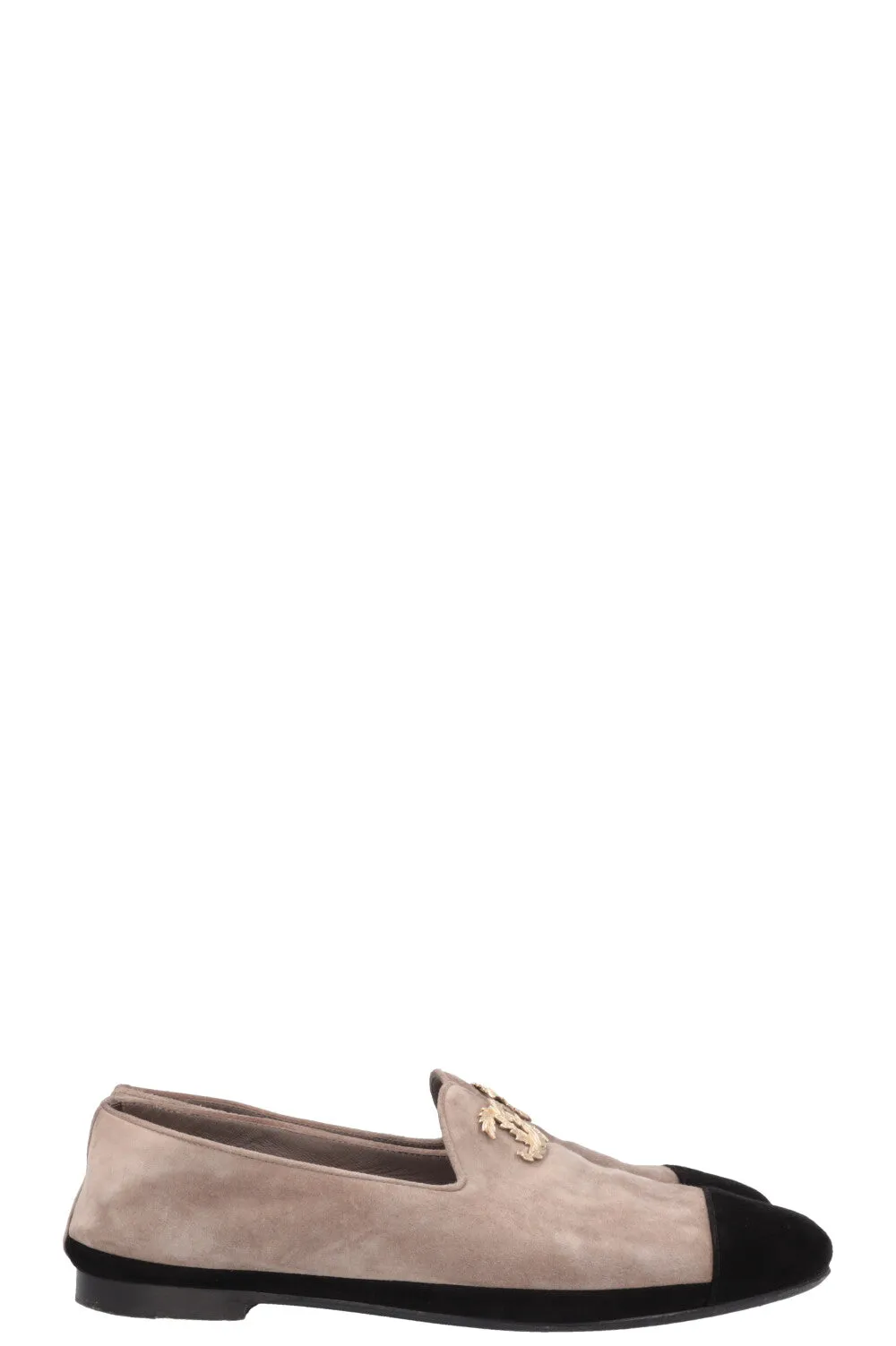 CHANEL CC Flats Suede Greige Black