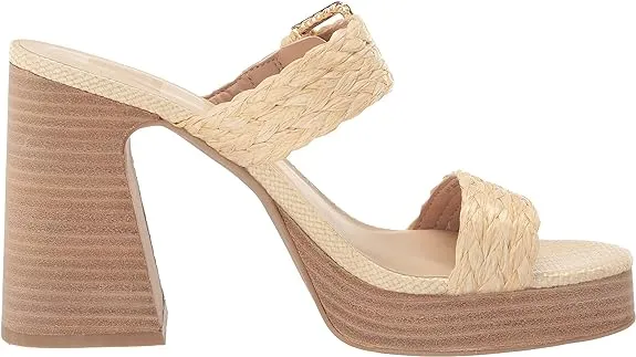 Dolce Vita Landry Vanilla Raffia Slip On Square Toe Stacked Block Heeled Sandals