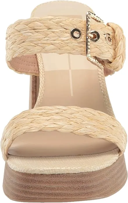 Dolce Vita Landry Vanilla Raffia Slip On Square Toe Stacked Block Heeled Sandals