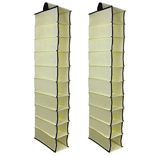 KisSealed 2 Pack 10 Shelves Fabric Hanging Closet Storage Organizer, for Shoes, Handbags, Clothes - 6 x 12 x 47 inch (Beige)