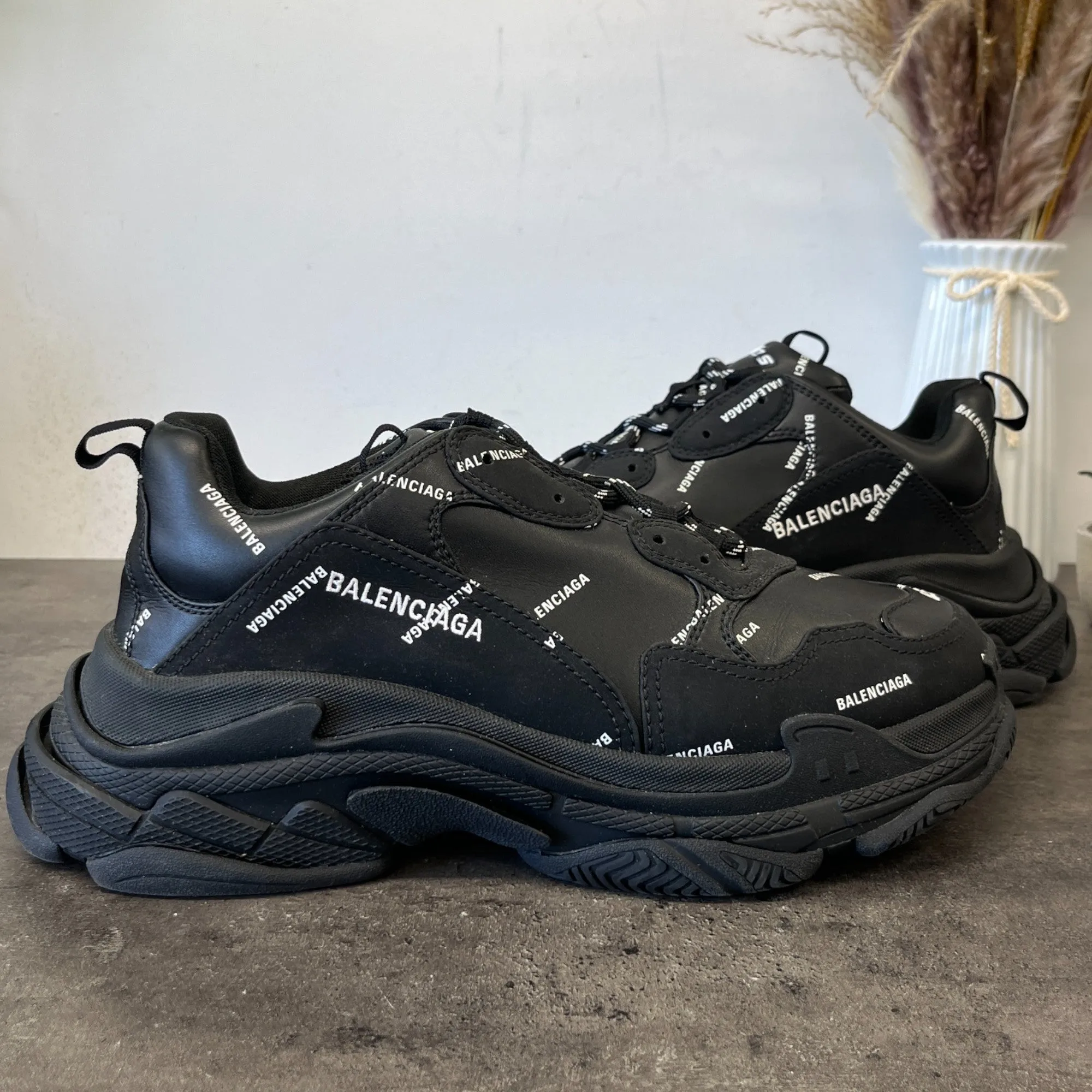 Men's Triple S All Over Logo Low Trainers Black Size EU 45 / UK 11