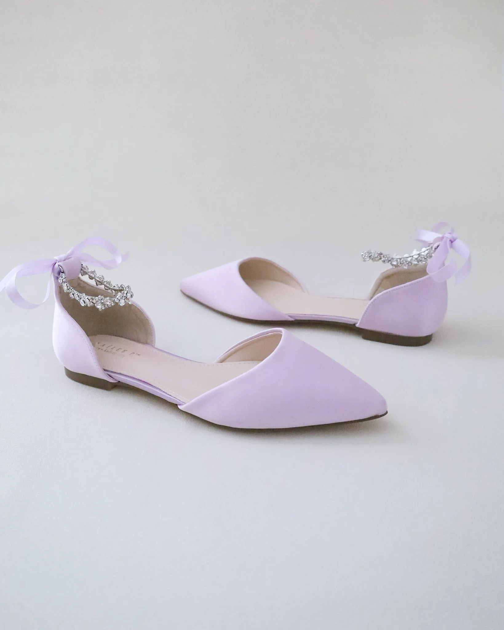 Satin Pointy Toe Evening Flats with Amaryllis Strap