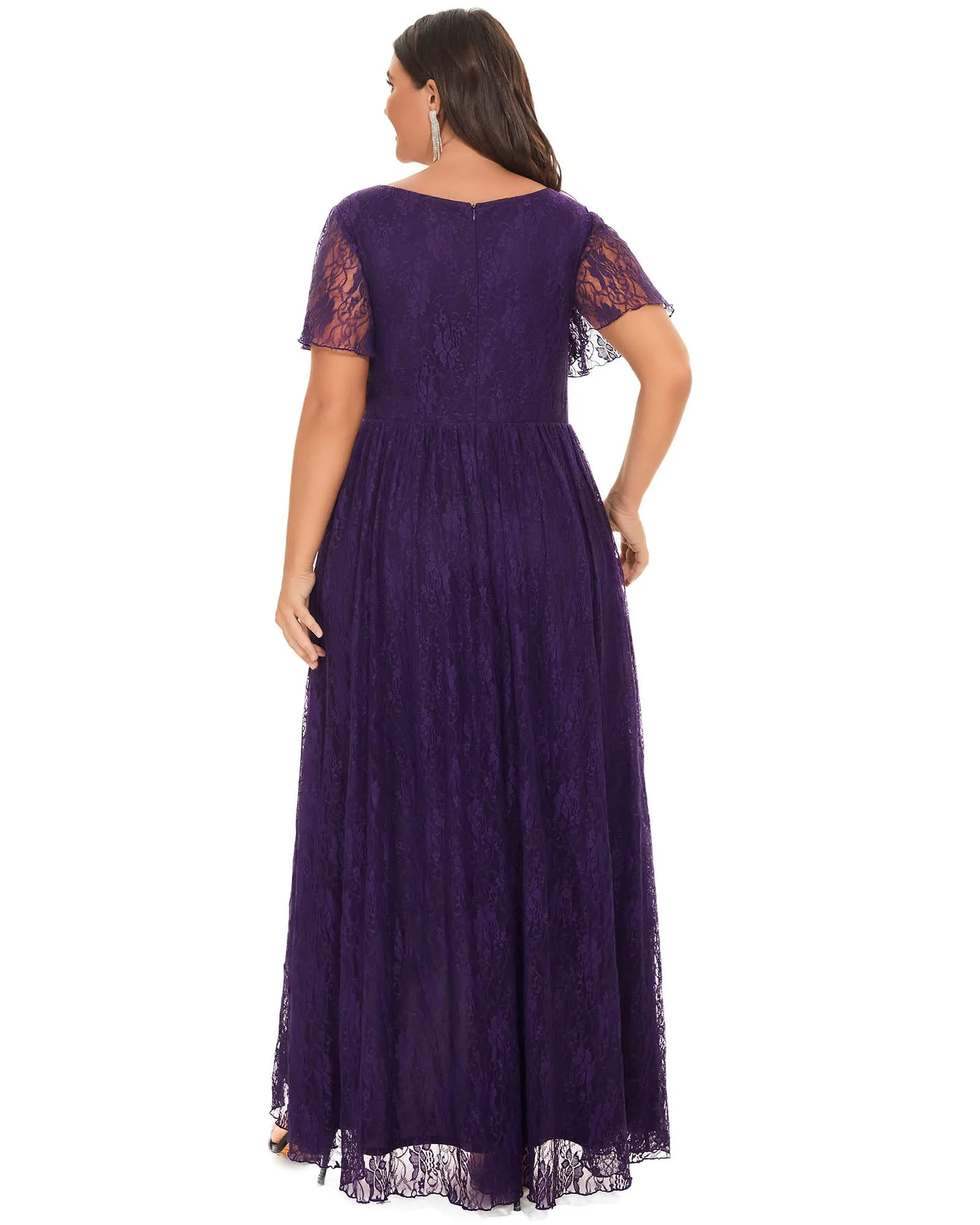 Short Sleeve Ruffled V-Neck A-Line Lace Evening Dress | Dark Purple