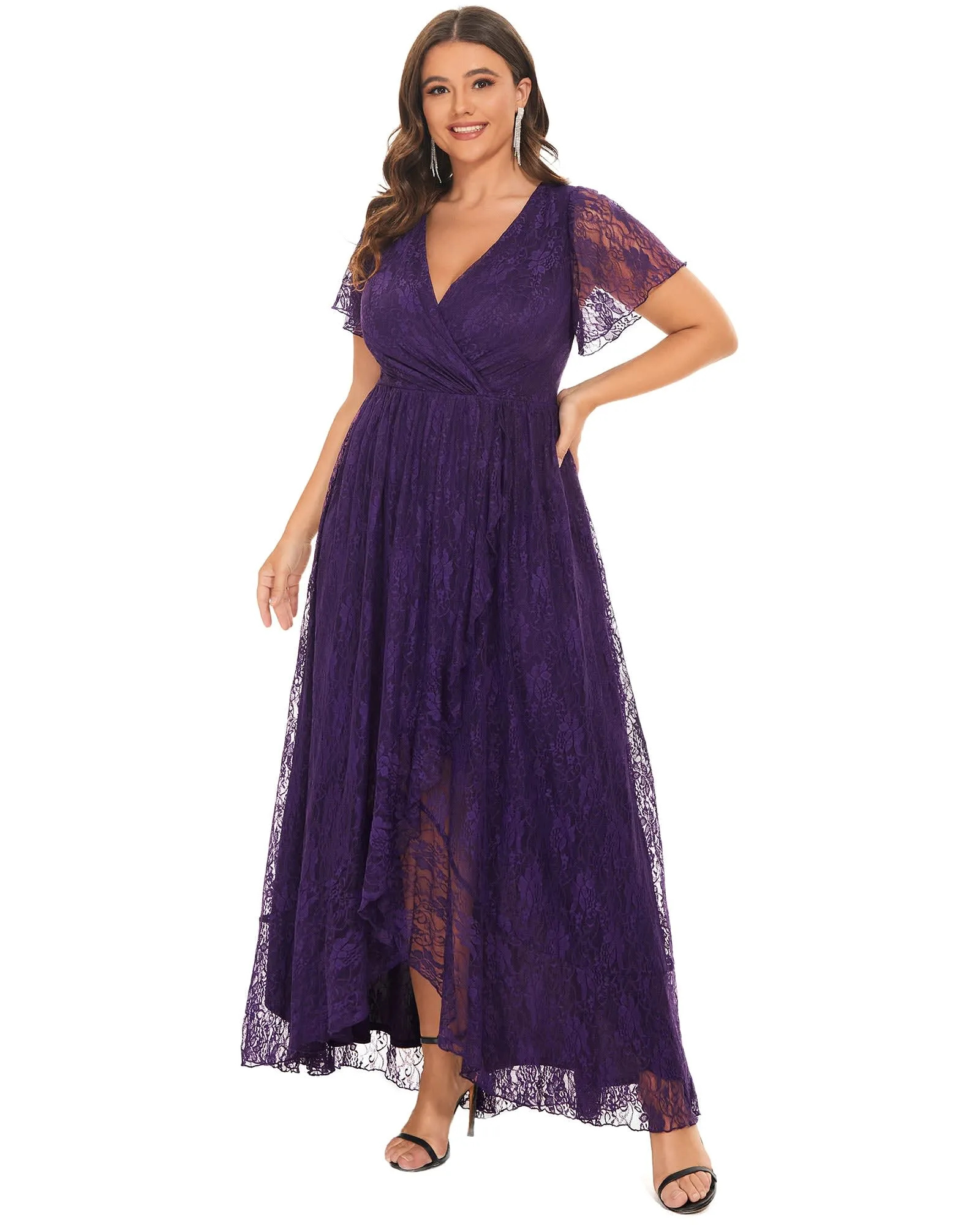 Short Sleeve Ruffled V-Neck A-Line Lace Evening Dress | Dark Purple