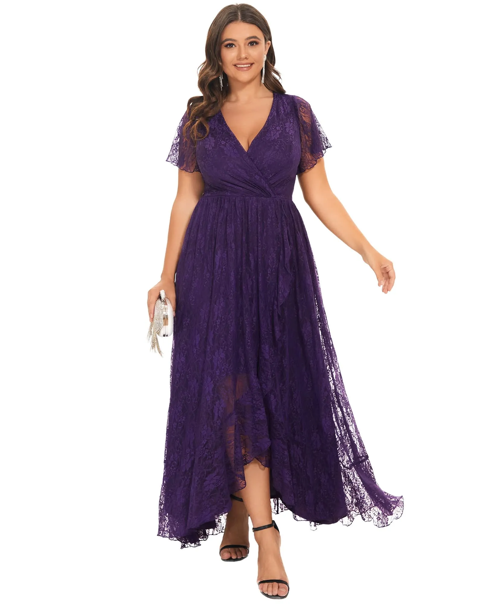Short Sleeve Ruffled V-Neck A-Line Lace Evening Dress | Dark Purple