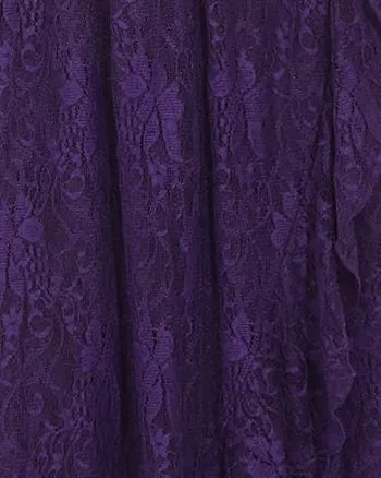 Short Sleeve Ruffled V-Neck A-Line Lace Evening Dress | Dark Purple
