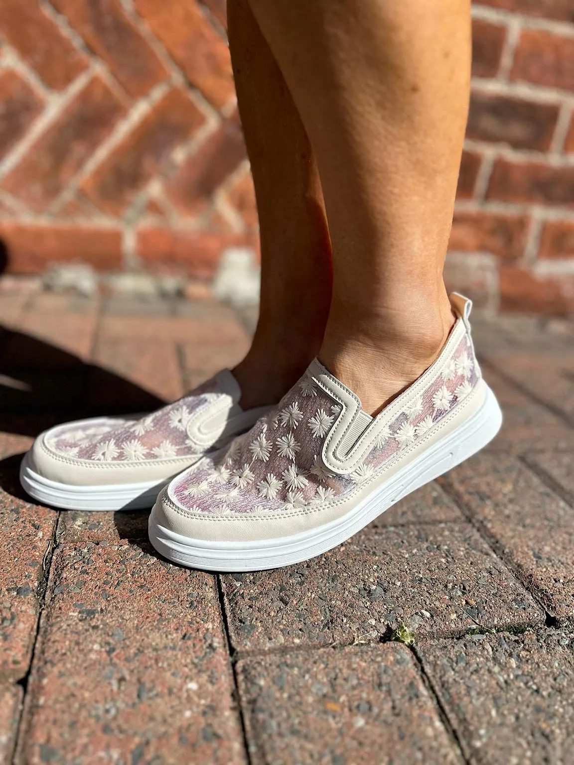 Stone Floral Embroidered Mesh Slip-Ons