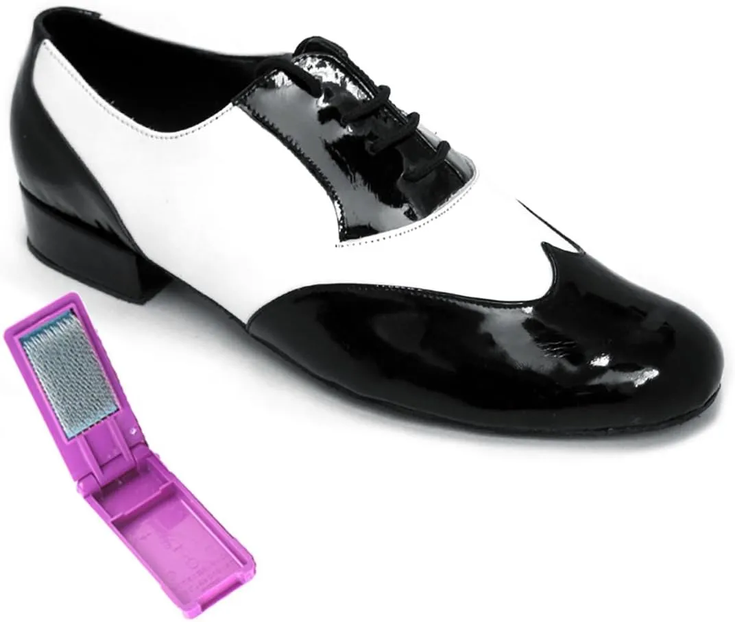 Very Fine Dance Shoes - Mens Standard, Smooth, Waltz Ballroom Dance Shoes - M100101-1-inch Heel and Foldable Brush Bundle - Black Patent - White Leather - 9