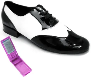 Very Fine Dance Shoes - Mens Standard, Smooth, Waltz Ballroom Dance Shoes - M100101-1-inch Heel and Foldable Brush Bundle - Black Patent - White Leather - 9