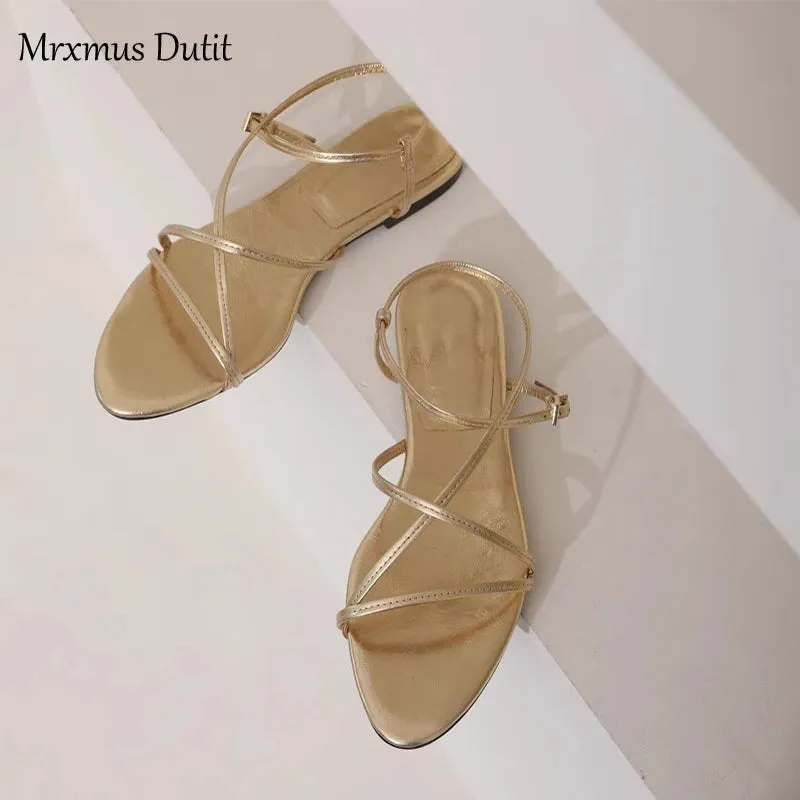 Women's Summer New Metallic Genuine Leather Multi-Strap Design Flat Sandals