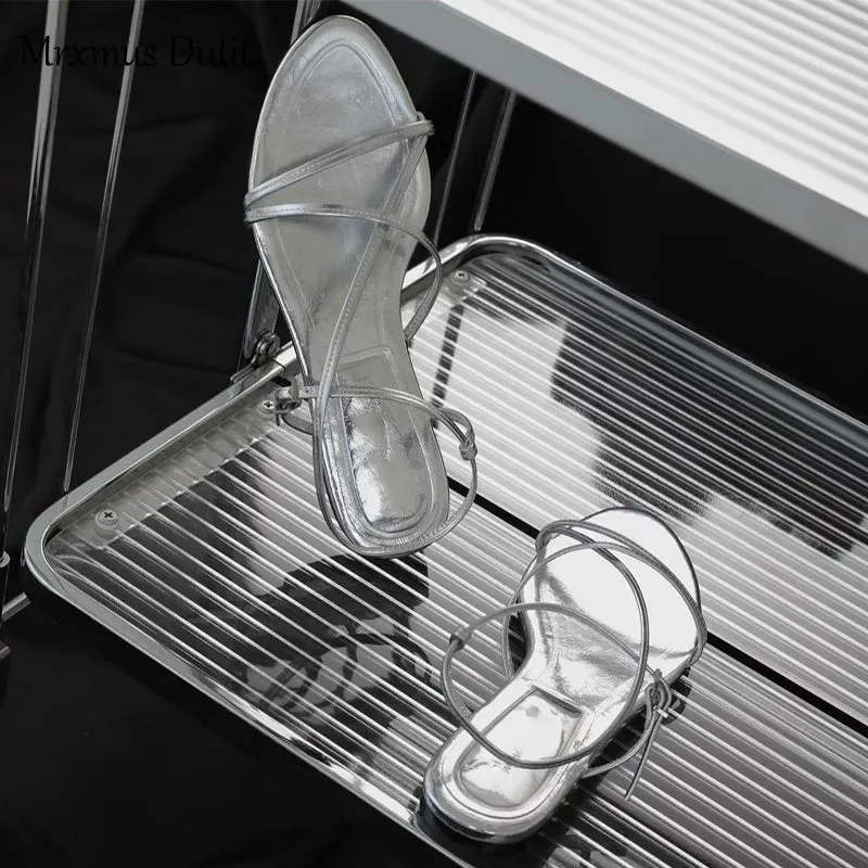 Women's Summer New Metallic Genuine Leather Multi-Strap Design Flat Sandals